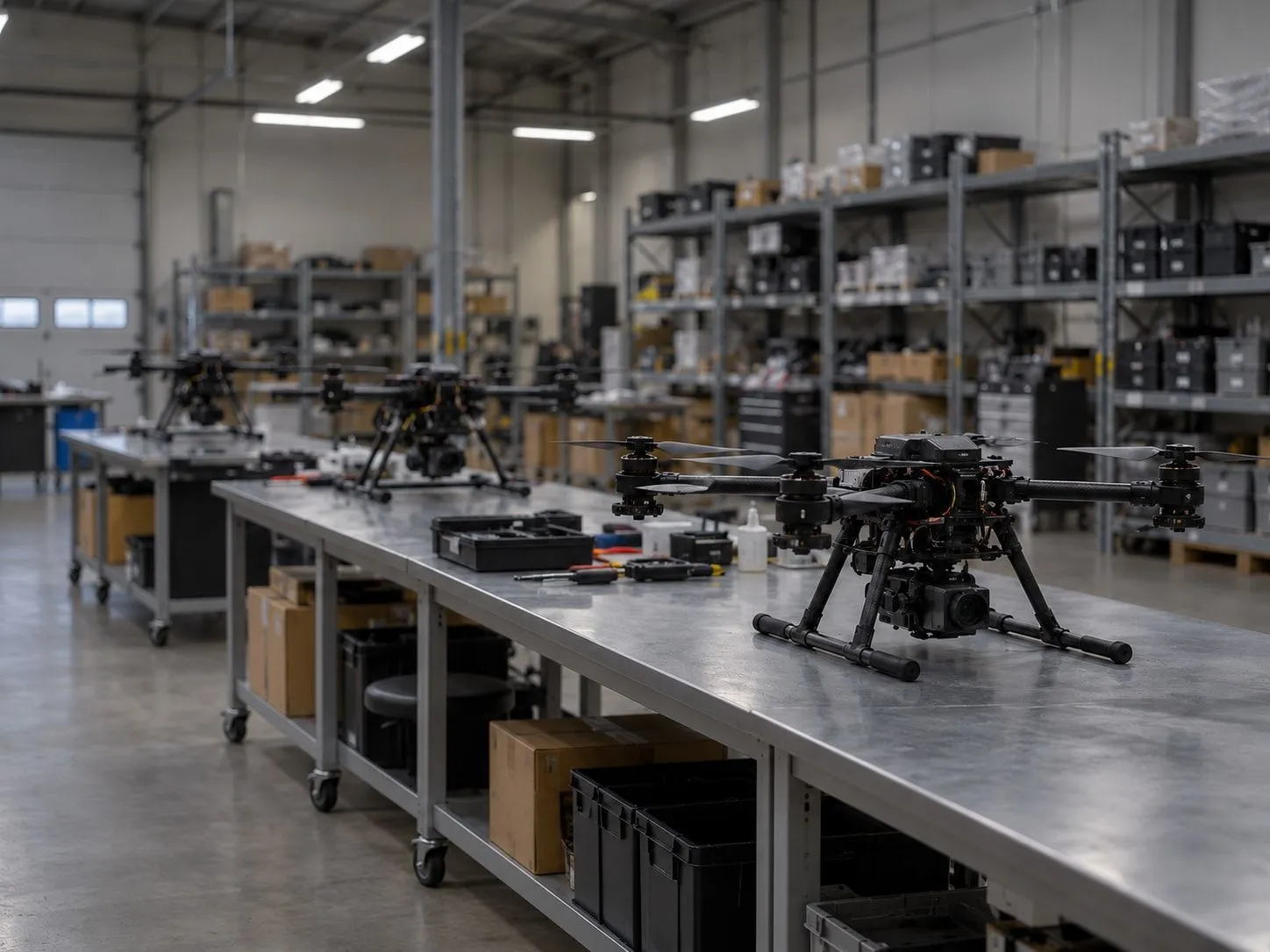 Drones on a workbench in a parts warehouse